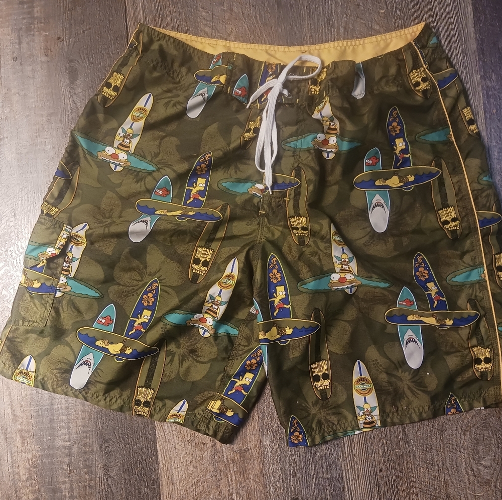 Simpsons  Swim Trunks Krusty Jaws Bart Great Condition 38 Hawaiian 2004 Vtg X8